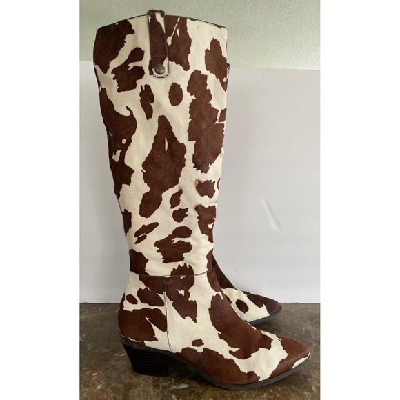 INC Womens Launa Cow Print Calf Hair Boots Brown White Cowgirl Western Chic 10M - Picture 13 of 16